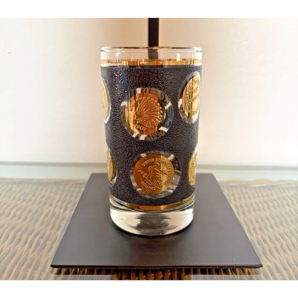 Vintage Libbey Whiskey Clear Glass Black Texture Gold Patriotic Medallions